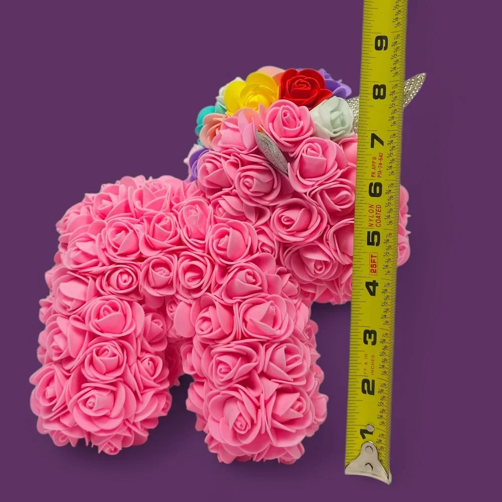 Rose Unicorn Gift - Pink Foam Flowers, Rainbow Mane, 